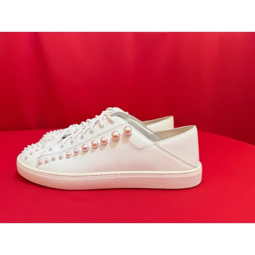 New US Sz 9 ❤️ Stuart Weitzman White Leather Lace-up Pearl Sneakers